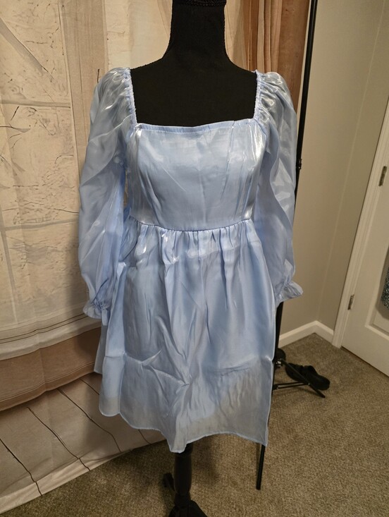 Kohl's Dresses & Skirts - Light Blue Satin Puff Sleeve Square Neck Dress